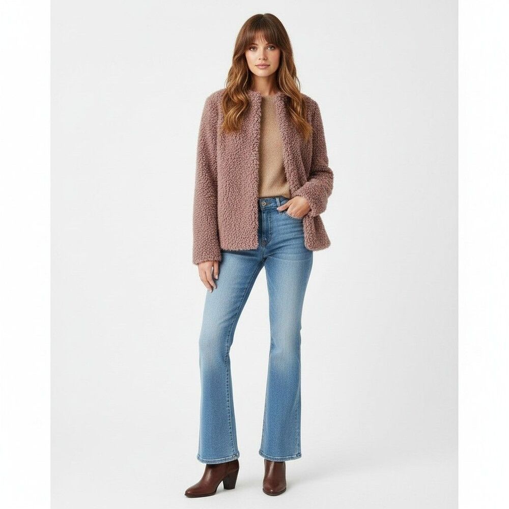 Melrose & Market Teddy Faux Fur Open Front Jacket Dusty Rose Womens L